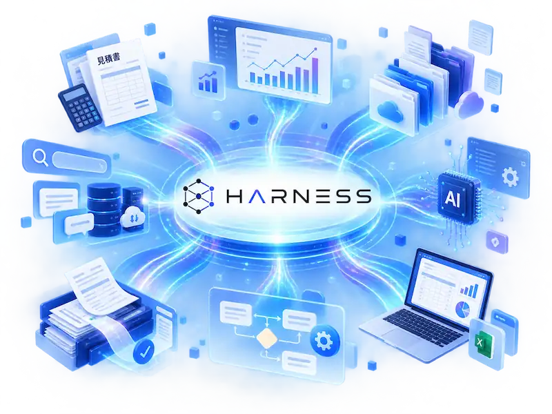 HARNESSを中心に、見積・資料・分析・検索などの仕事がスキルとして広がるイメージ